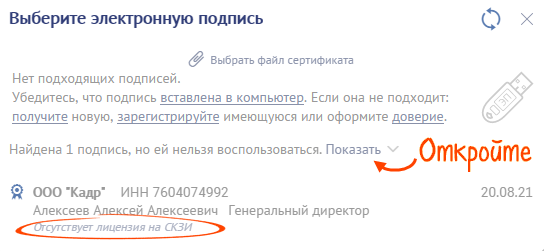 Сбис не видит электронную подпись отсутствует лицензия скзи