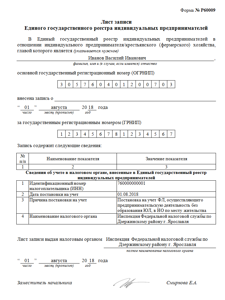 Лист записи егрип образец